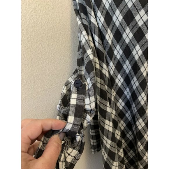 Billabong Open Front Plaid Flannel Black White Fringed Shawl Jacket Shirt - Picture 2 of 6